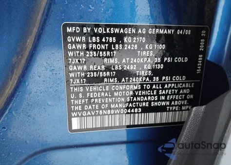 2009 Volkswagen Tiguan S/Se/Sel из США, поврежденный, VIN WVGAV75N89W004483